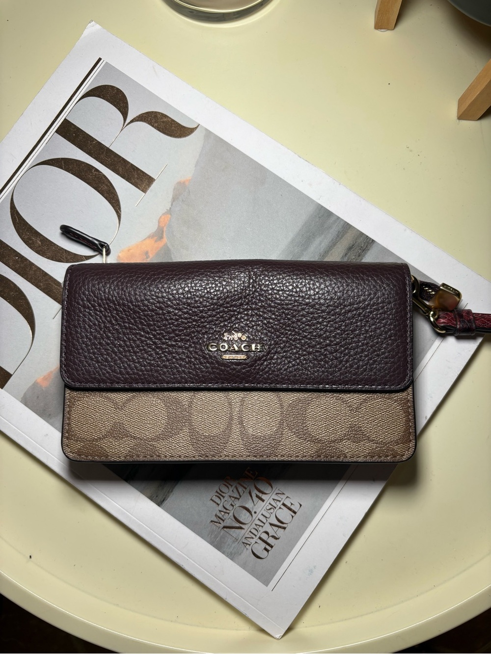 Coach Two-Tone Signature Canvas & Leather Wristlet - Plum & Tan